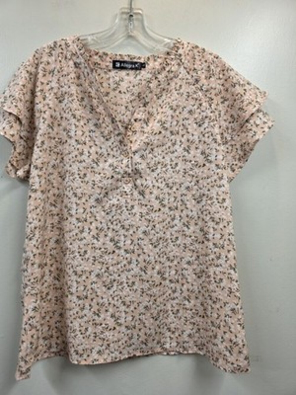 Allegra K Floral V-Neck Short Sleeve Woven Polyester Button Front Blouse L
